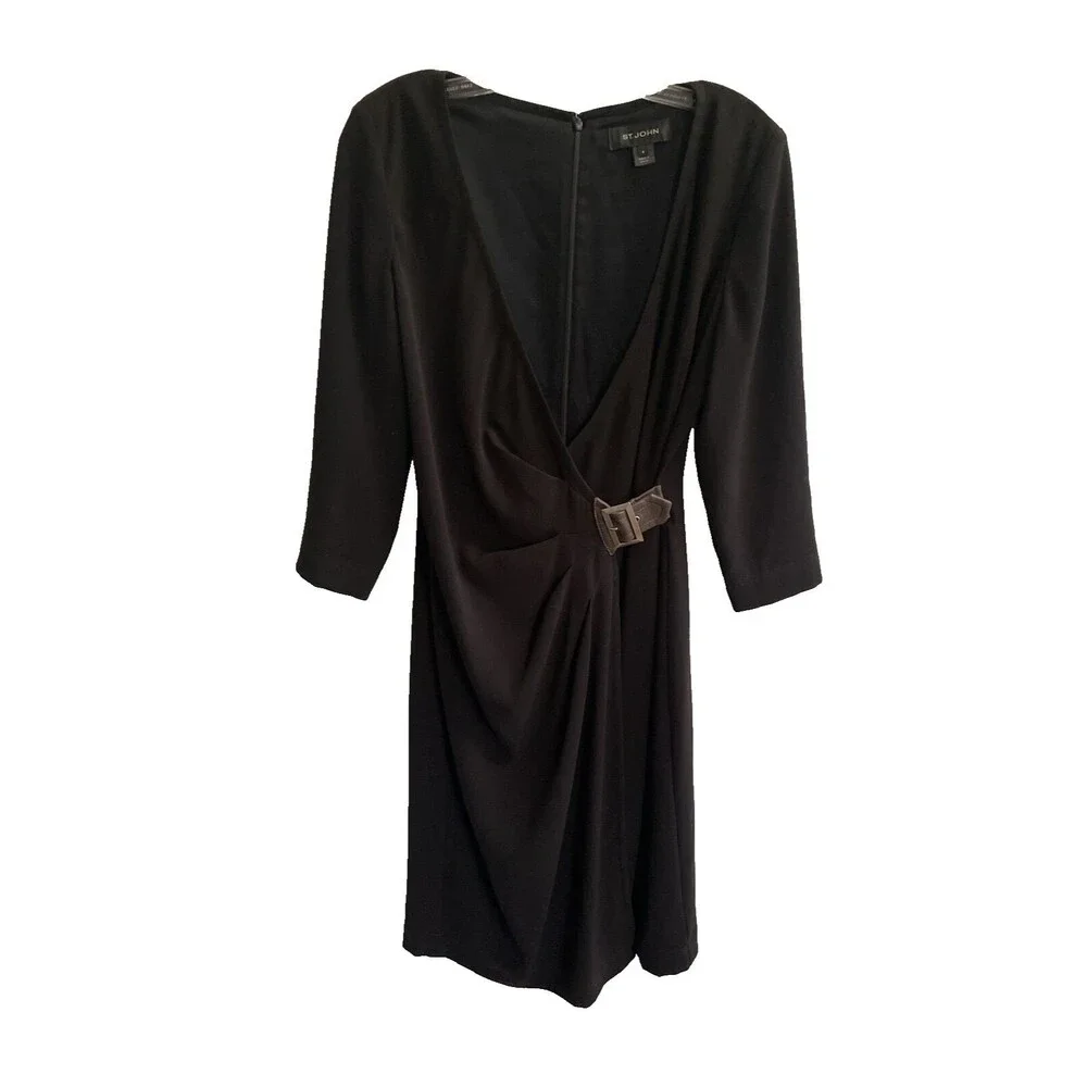 St. John Dress Women’s 10 Black Wrap V-Neck 3/4 Sleeves Silk Lining Buckle Sz4 - Picture 1 of 9